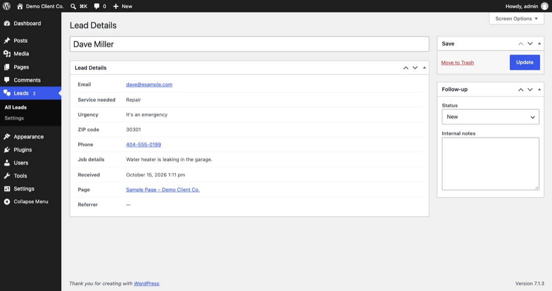 A single lead's detail page with all answers and a follow-up box for status and notes